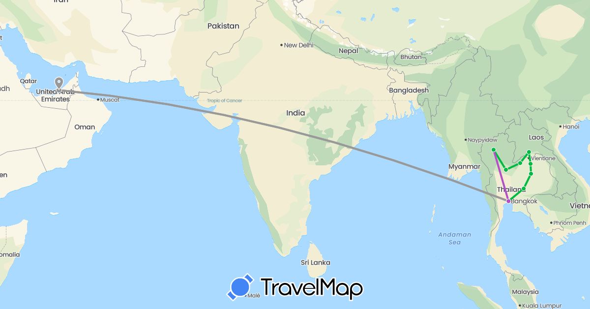 TravelMap itinerary: bus, plane, train in United Arab Emirates, Laos, Thailand (Asia)