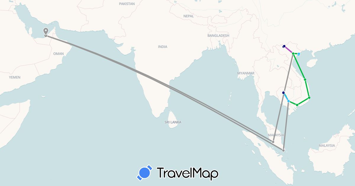 TravelMap itinerary: driving, bus, plane, cycling, train, boat in United Arab Emirates, Cambodia, Malaysia, Singapore, Vietnam (Asia)